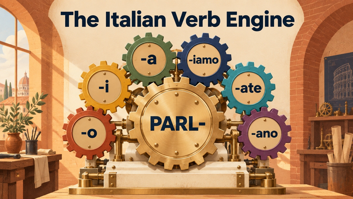 Illustration of a brass verb engine whose gears carry the stem parl- and the endings -o, -i, -a, -iamo, -ate, -ano.