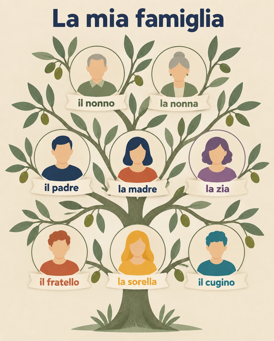 Family tree of la mia famiglia with il nonno, la nonna, il padre, la madre, la zia, il fratello, la sorella and il cugino.