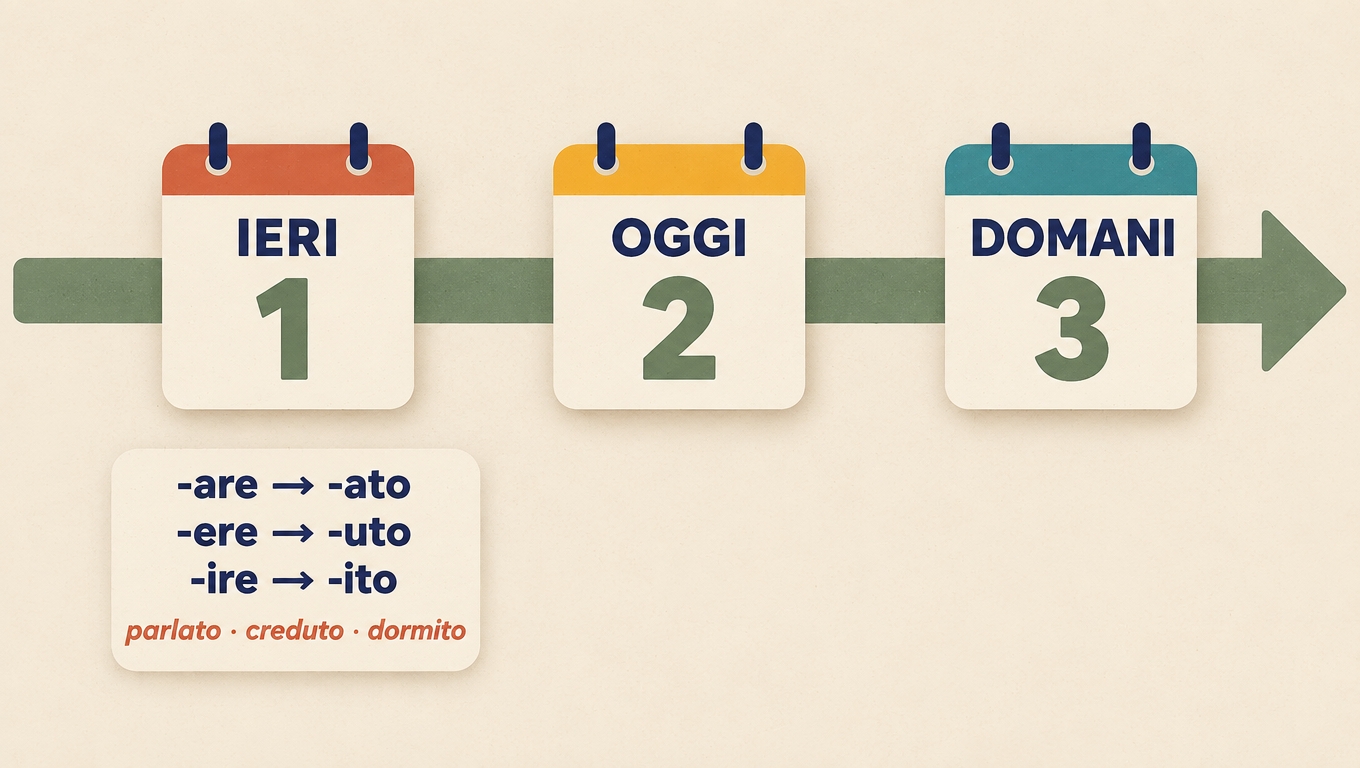 Timeline from ieri to oggi to domani with the past-participle endings -ato, -uto and -ito.