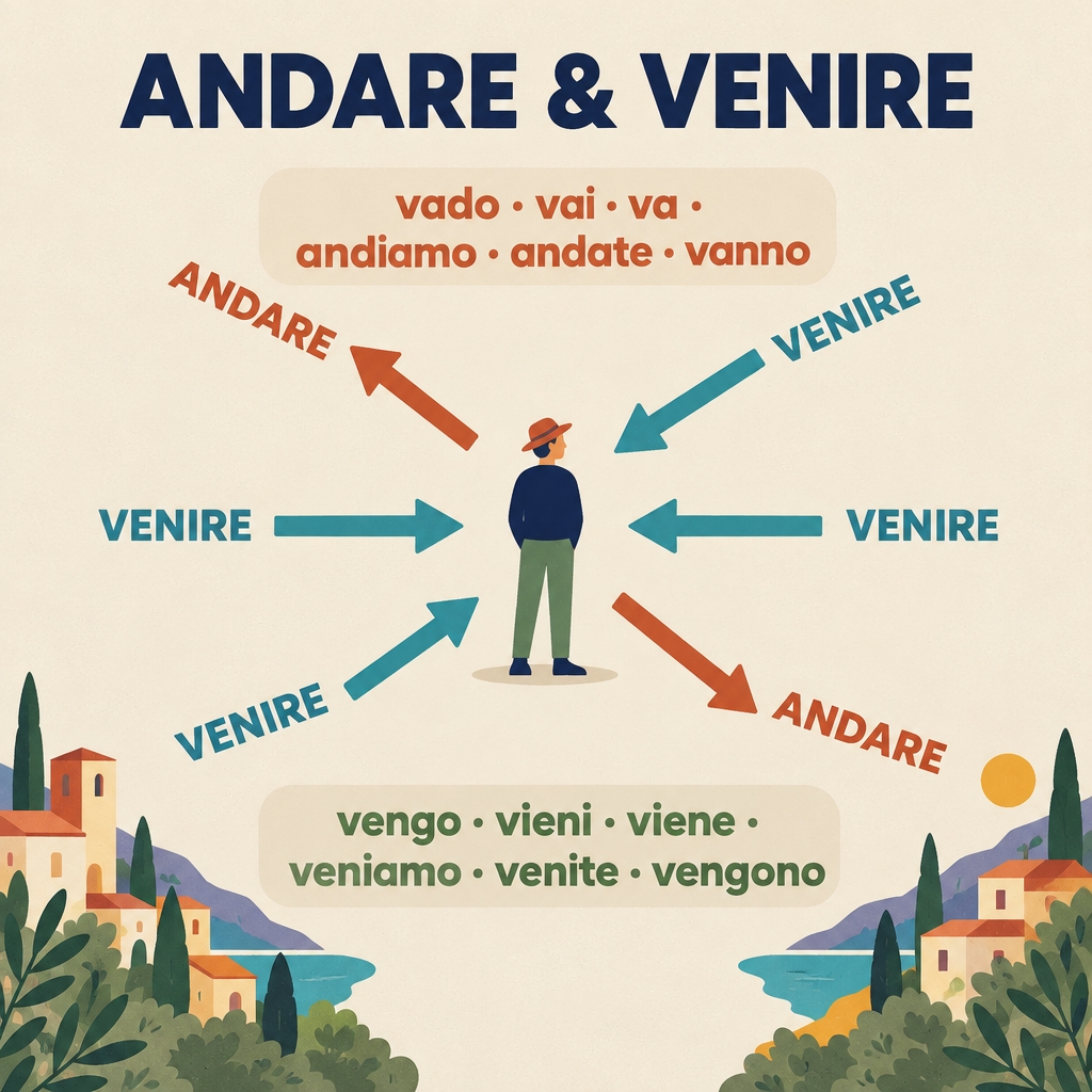 Arrows showing venire pointing towards a traveller and andare pointing away, with both present-tense conjugations.