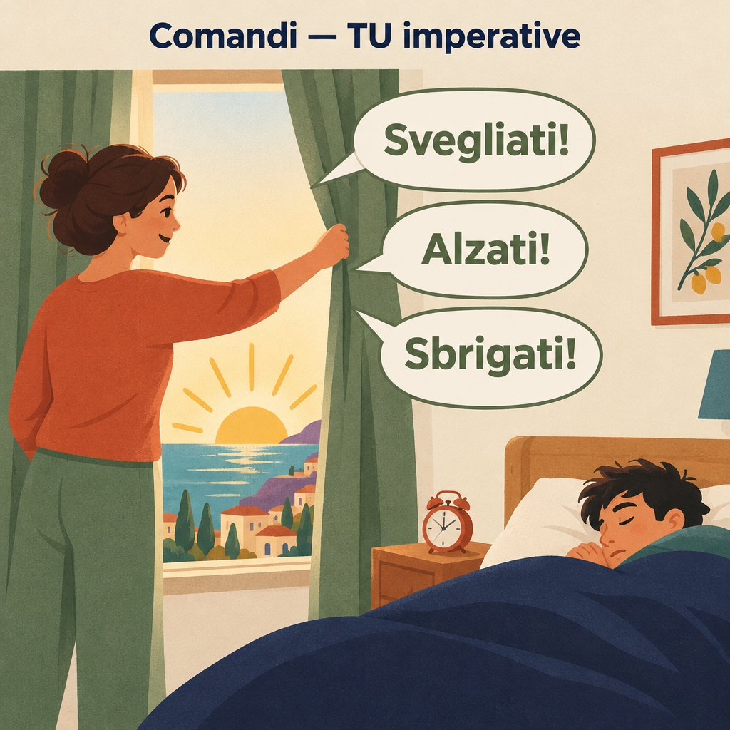 A woman opening the curtains and telling a sleepy man Svegliati!, Alzati! and Sbrigati!