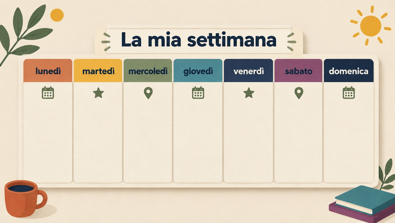 Weekly planner board listing the days lunedì, martedì, mercoledì, giovedì, venerdì, sabato and domenica.