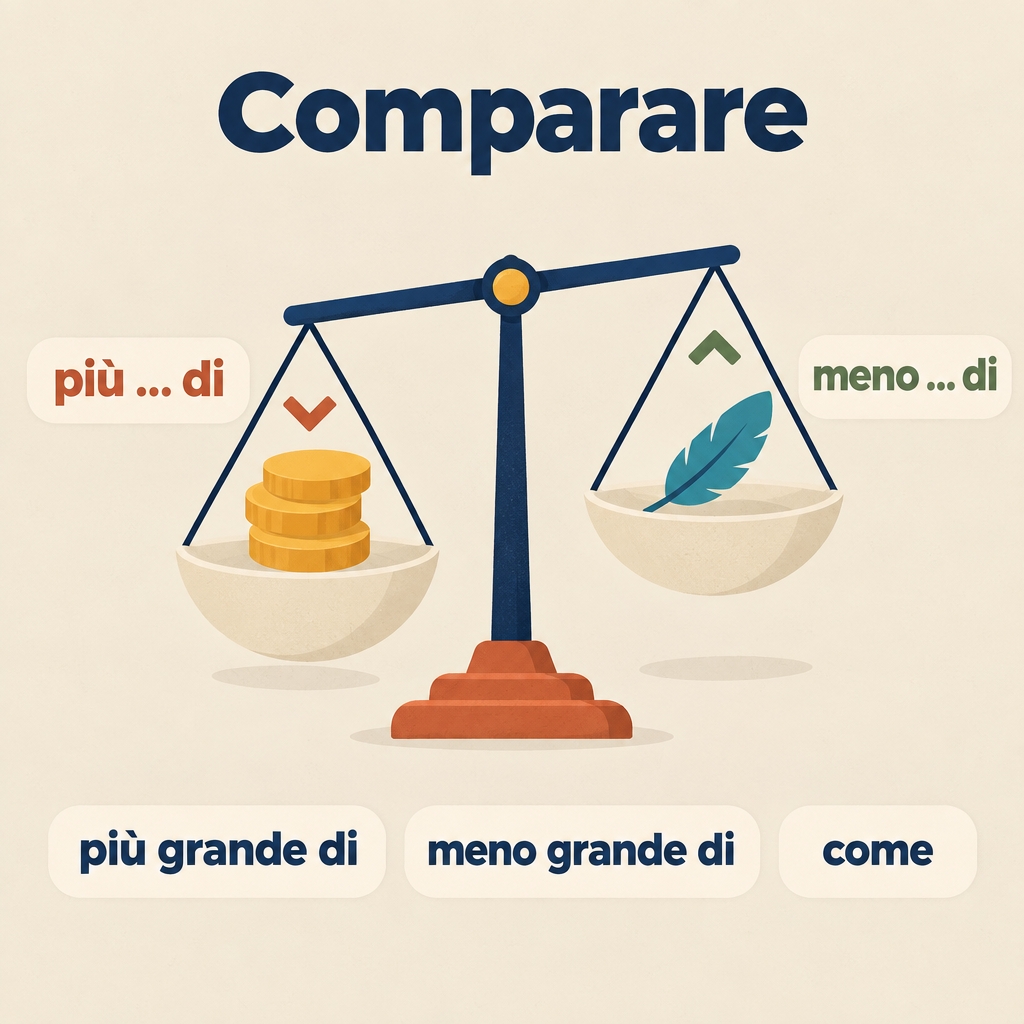 Balance scale illustrating più ... di and meno ... di, with labels like più grande di and come.