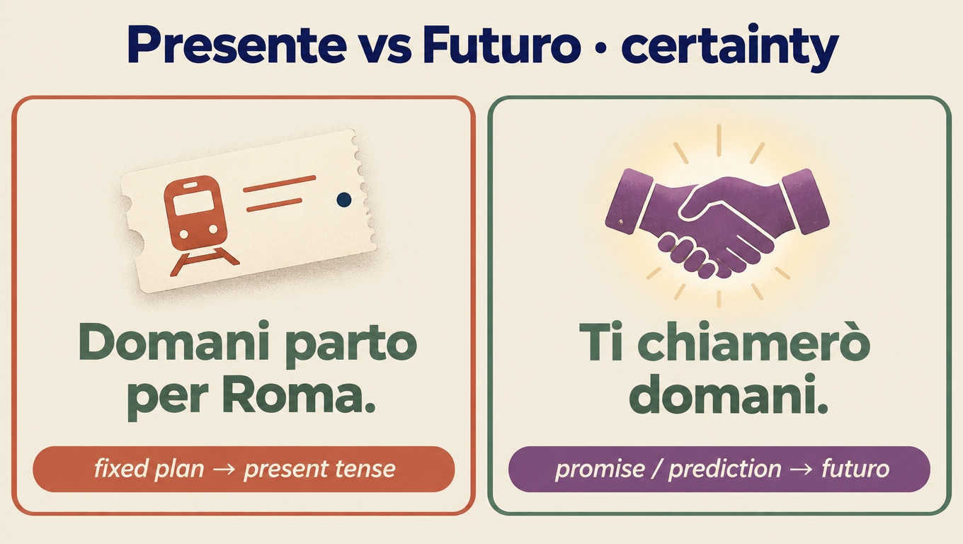 Comparison of domani parto per Roma for fixed plans and ti chiamerò domani for promises and predictions.