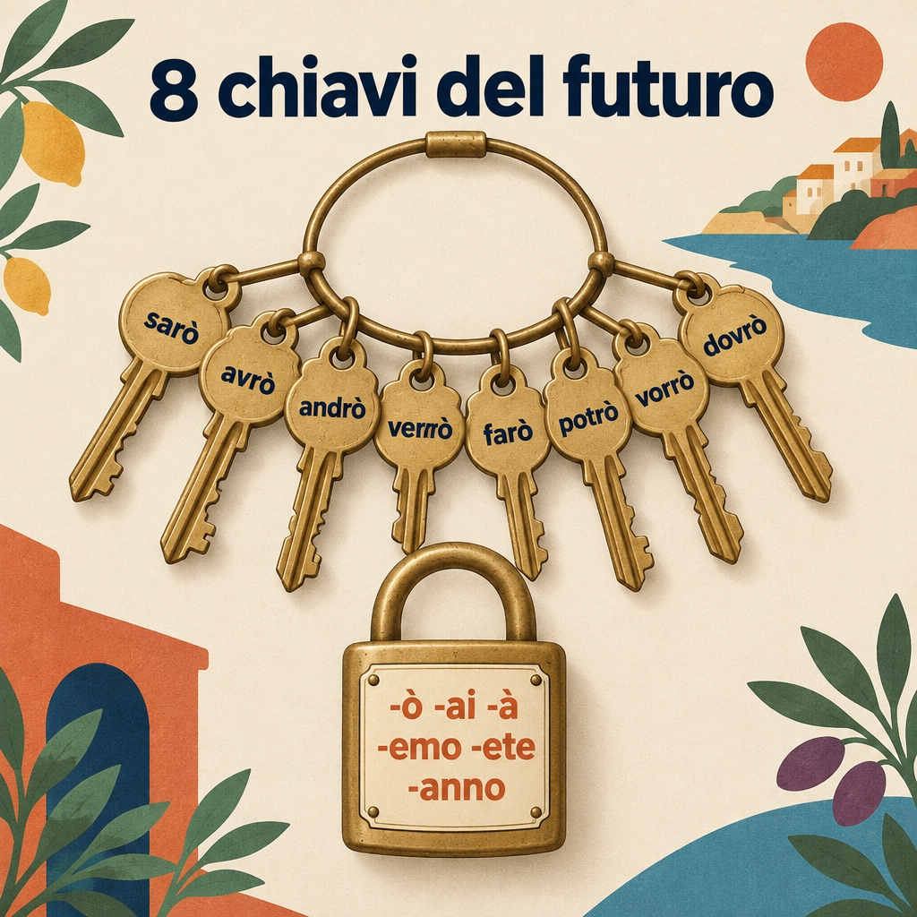 Eight golden keys of the future engraved with sarò, avrò, andrò, verrò, farò, potrò, vorrò and dovrò.
