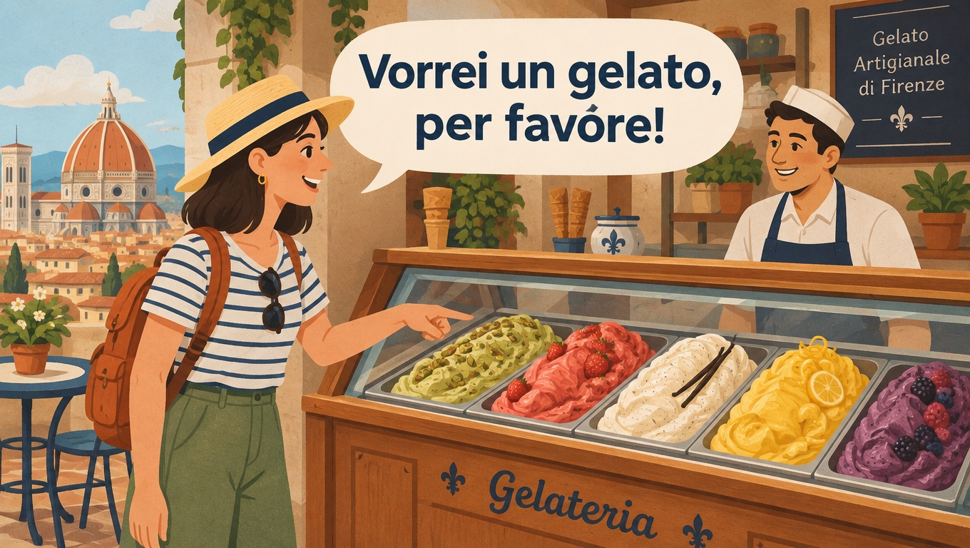 A tourist asking at a Florentine gelateria: Vorrei un gelato, per favore!