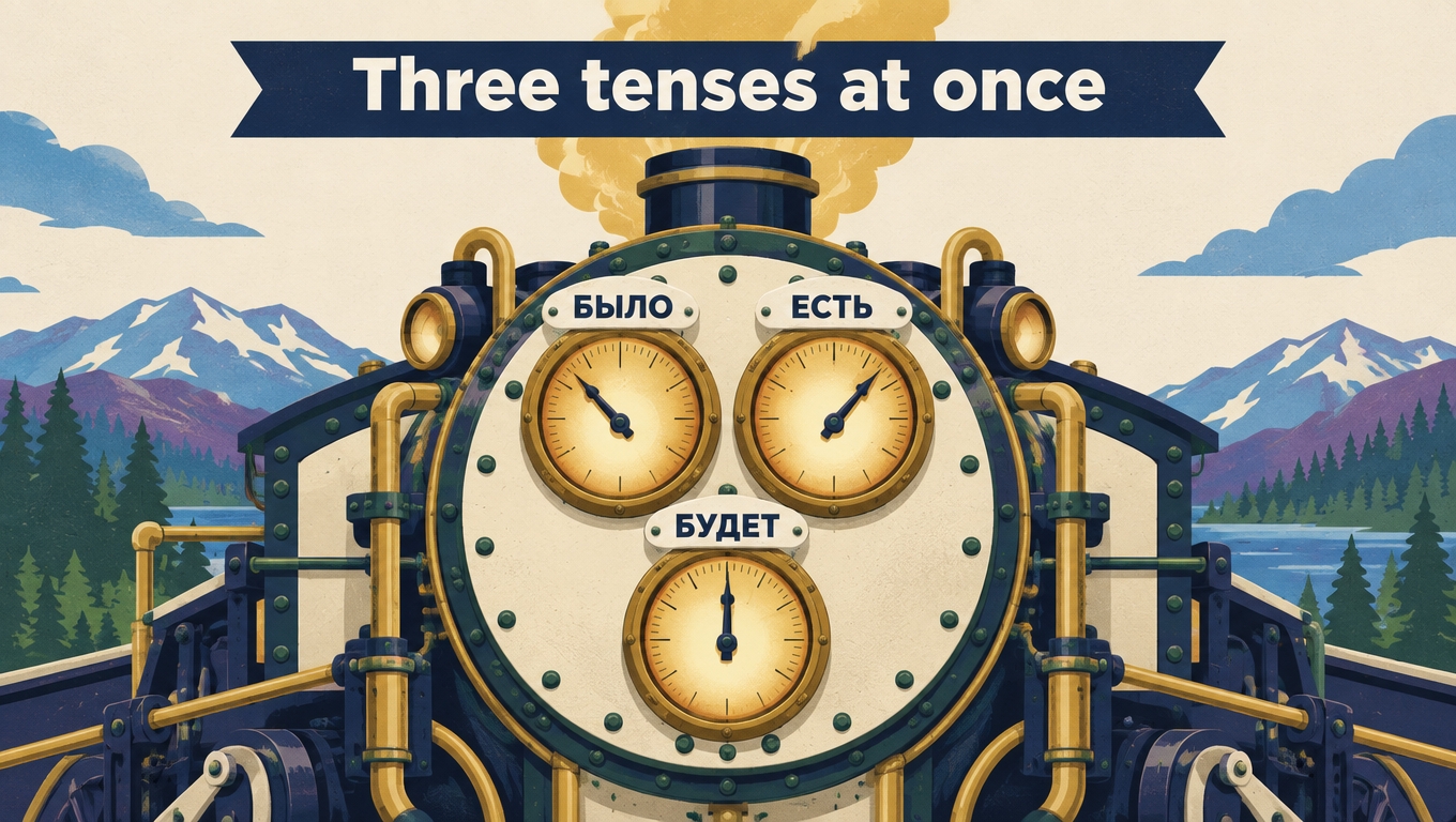 Illustration of a brass engine with three clock faces on its boiler, labelled «БЫЛО», «ЕСТЬ» and «БУДЕТ» — the past, present and future of the Russian verb, under the heading «Three tenses at once».