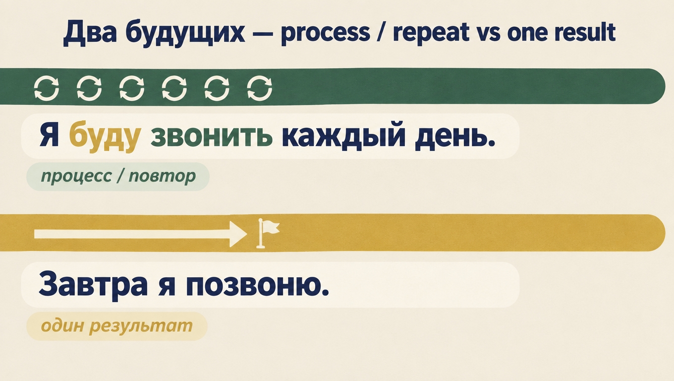 Two timelines for the Russian futures: a green bar of repeating cycle arrows over «Я буду звонить каждый день» marked «процесс / повтор», and a gold bar ending in a flag over «Завтра я позвоню» marked «один результат», headed «Два будущих».