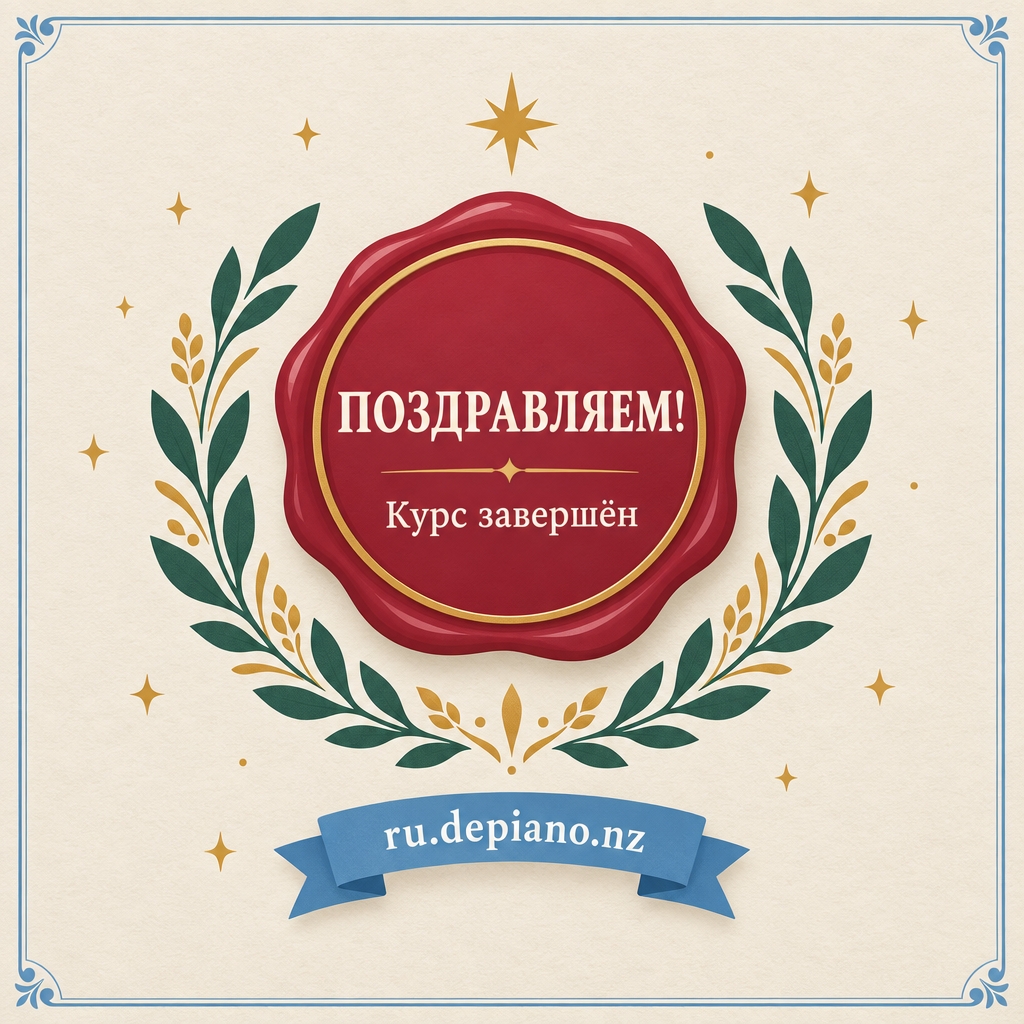 A red wax seal reading «ПОЗДРАВЛЯЕМ!» inside a laurel wreath with a blue ribbon lettered «Курс завершён», under a gold star and the site name learn16.online.