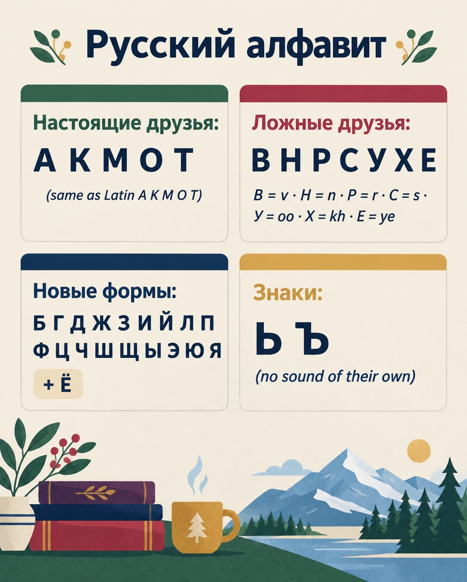 Alphabet card «Русский алфавит» sorted into the four groups the lesson opens with: «Настоящие друзья: А К М О Т» (same as Latin), «Ложные друзья: В Н Р С У Х Е» with the sounds they really stand for, «Новые формы: Б Г Д Ж З И Й Л П Ф Ц Ч Ш Щ Ы Э Ю Я + Ё», and «Знаки: Ъ Ь» with no sound of their own.