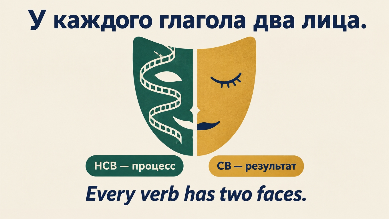 Two theatre masks joined into one face — the left half a green mask trailing film stock labelled «НСВ — процесс», the right half a golden mask with a closed eye labelled «СВ — результат» — under «У каждого глагола два лица», «Every verb has two faces».