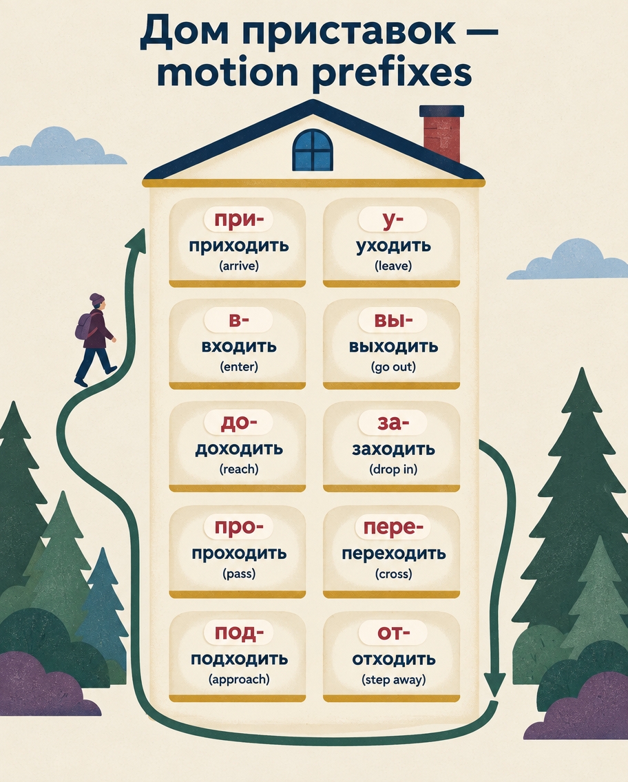A house labelled «Дом приставок — motion prefixes» whose ten rooms hold the prefixed motion verbs «при- приходить», «у- уходить», «в- входить», «вы- выходить», «до- доходить», «за- заходить», «про- проходить», «пере- переходить», «под- подходить» and «от- отходить», with a walker tracing the route in and out.