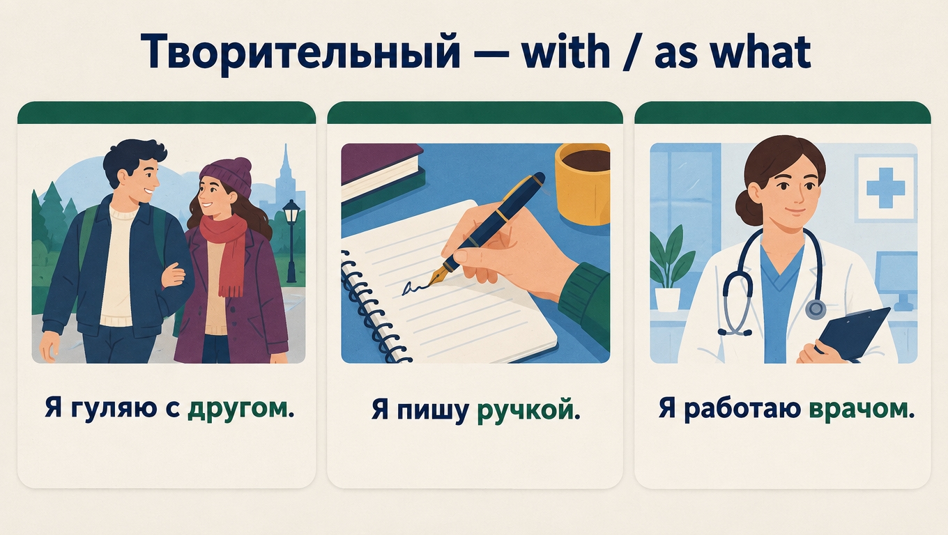 Three panels for the instrumental case: two friends walking under «Я гуляю с другом», a hand writing with a pen under «Я пишу ручкой», and a doctor with a stethoscope under «Я работаю врачом», headed «Творительный — with / as what».